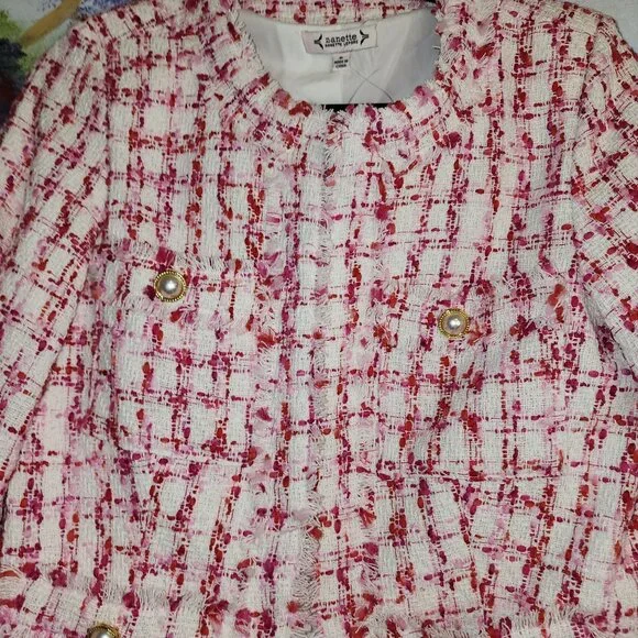 Nanette Lepore Women's Tweed Jacket Pearl Button Accents Fringe Details Size 6 - Picture 5 of 11